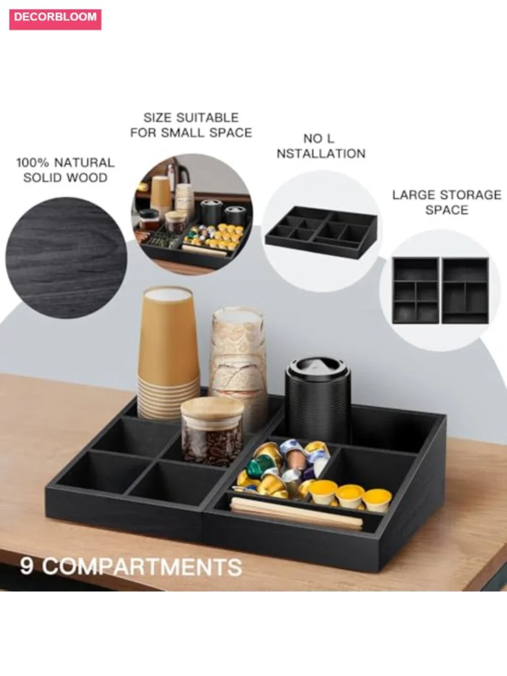 Solid Pine Wood Coffee Station Organizer with 9 Compartments